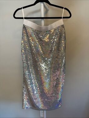 ASOS Sequin Pencil Skirt with Metallic Iridescent Finish - White Waistband